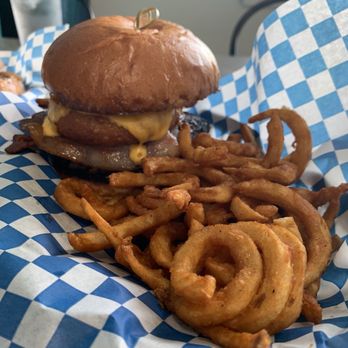 Elise's Eatery - The Western Burger with Onion Rings, Cheese, Bacon, Mayo and BBQ on Brioche. To die for loved it! - Burgers Near Me - Crescent City, California Elise's Eatery - The Western Burger with Onion Rings, Cheese, Bacon, Mayo and BBQ on Brioche. To die for loved it! - Burgers Near Me - Crescent City, California