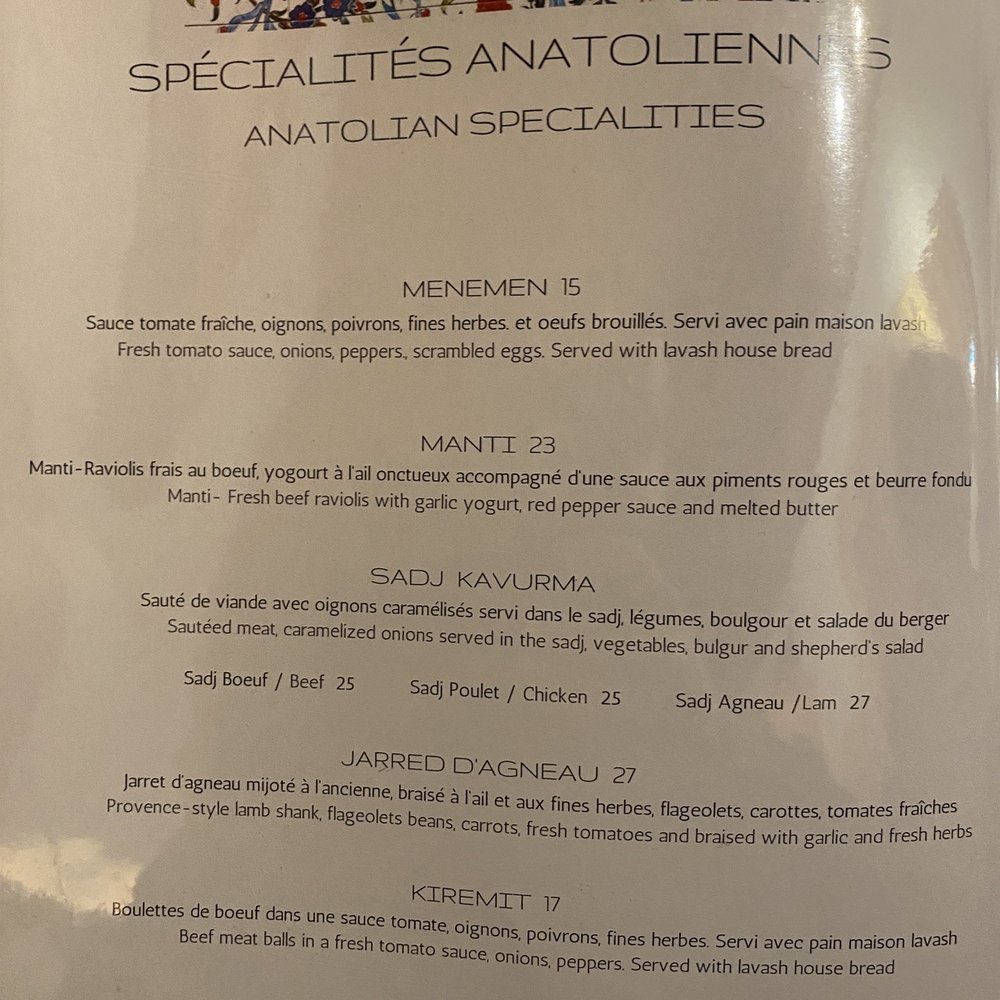 Avesta - Menu (Entree specialties) - Turkish Near Me - Montreal, Quebec
