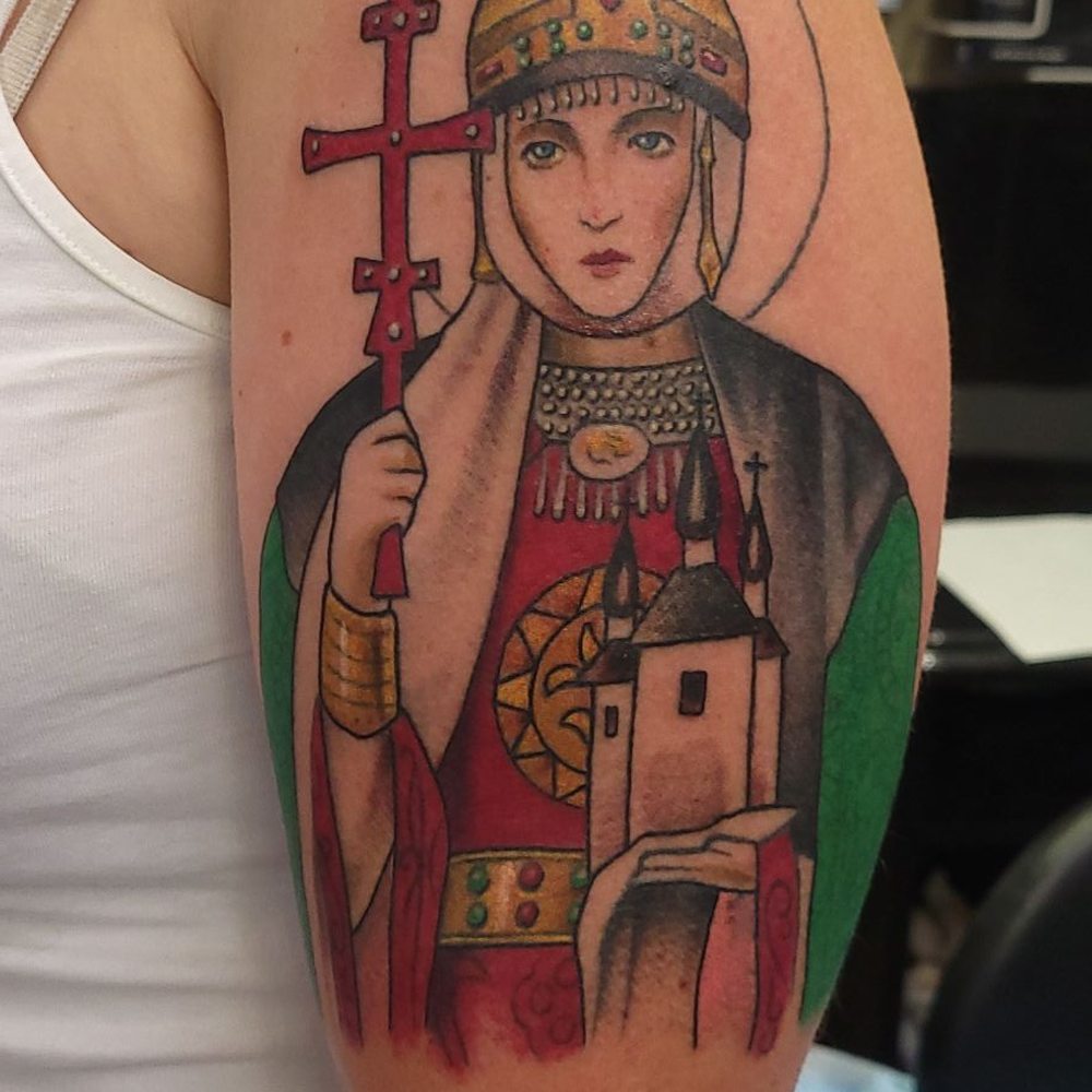 Big Bear Tattoo - Saint Olga of Kiev, Byzantine style, with artist input and expression; work in progress. - Tattoo Near Me - Big Bear Lake, California