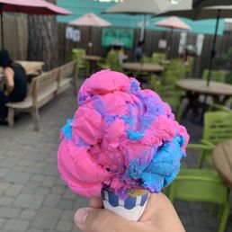 Single scoop of Cotton Candy Ice Cream in a sugar cone Single scoop of Cotton Candy Ice Cream in a sugar cone