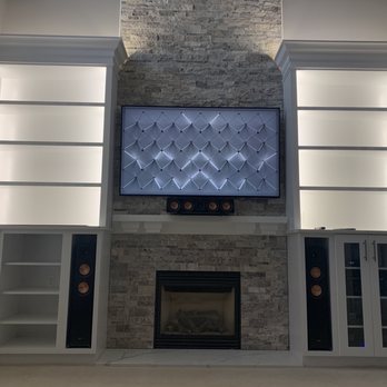 Rum AV Solutions - New TV, front three speakers, and all nicely contained inside of our media cabinet - Home Theatre Installation Near Me - Ashburn, Virginia