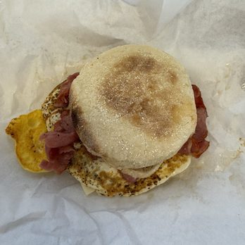 Spudnuts Donuts - Pastrami English Muffin breakfast sandwich. - Donuts Near Me - Los Angeles, California Spudnuts Donuts - Pastrami English Muffin breakfast sandwich. - Donuts Near Me - Los Angeles, California