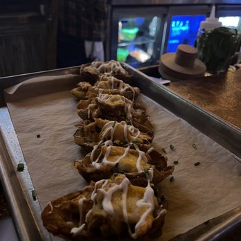 High Horse Saloon - Pa's Pulled Chicken Potato Skins bbq pulled chicken, melted cheddar & jack cheese, ranch crema - American Near Me - Fullerton, California High Horse Saloon - Pa's Pulled Chicken Potato Skins bbq pulled chicken, melted cheddar & jack cheese, ranch crema - American Near Me - Fullerton, California