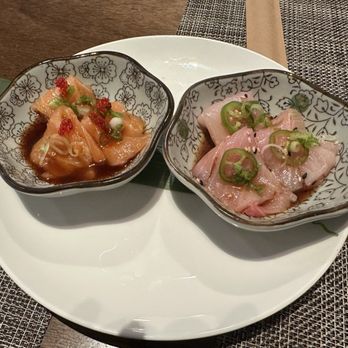 Sushi Momo - spicy salmon crudo and yuzu ponzu hamachi - Sushi Bars Near Me - Johns Creek, Georgia Sushi Momo - spicy salmon crudo and yuzu ponzu hamachi - Sushi Bars Near Me - Johns Creek, Georgia