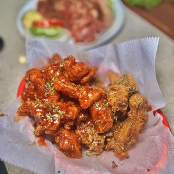 Don Blanc - Half Soy Garlic/Half Spicy Korean Fried Chicken ($27) - Korean Near Me - Oakland, California Don Blanc - Half Soy Garlic/Half Spicy Korean Fried Chicken ($27) - Korean Near Me - Oakland, California