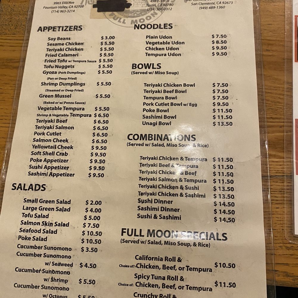 Full Moon Sushi - Dinner menu - Japanese Near Me - San Clemente, California