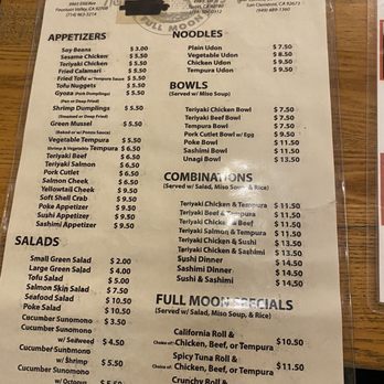 Full Moon Sushi - Dinner menu - Japanese Near Me - San Clemente, California