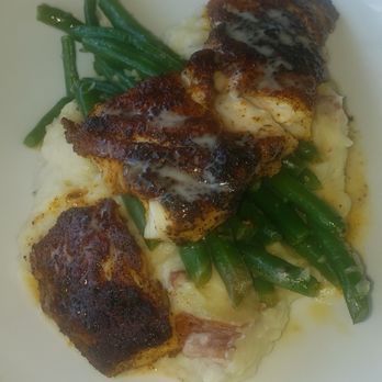 Mile Marker 158 Dockside - Fish of the day- Blackened grouper, Gouda mashed potatoes with green beans. - American Near Me - Orange Beach, Alabama