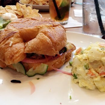 Cappyccino's - House special- smoked salmon croissant sandwich with potato salad - New American Near Me - San Antonio, Texas
