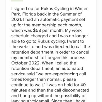 Rukus Cycling Studios - Another person trying to cancel - Cycling Classes Near Me - Winter Park, Florida