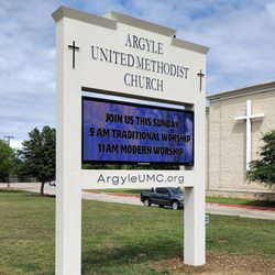 Sigma Sign - New pylon sign with electronic message center boards (EMC) and back-lit letters for Argyle United Methodist Church in Argyle.