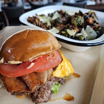 Broken Spirits Distillery - Piggy Smalls Burger & fried brussel sprouts - Distilleries Near Me - Long Beach, California