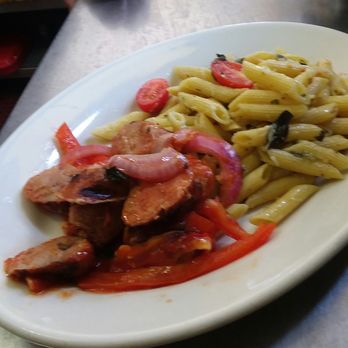 Melas Cafe - Penne pasta with sausages with onions and peppers - Cafes Near Me - Bronx, New York