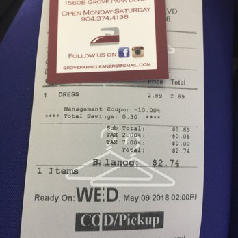 Grove Park Cleaners - Ten percent off your first dry clean. The guy up front was fast and efficient. Not in a hurry to get back but there's a four day turn around - Sewing & Alterations Near Me - Jacksonville, Florida