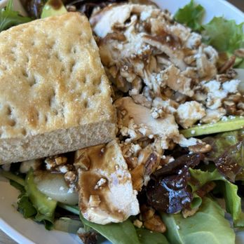 Urbane Cafe - CAFE SALAD (roasted chicken, mixed greens, avocado, crumbled goat cheese, pears, and pecans) with balsamic vinaigrette and focaccia - Sandwiches Near Me - Oceanside, California