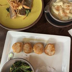 Scallops, broccolini, trout, truffle mac