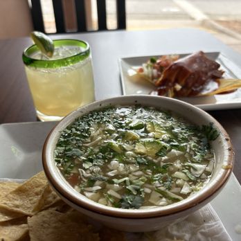 Tres Colores - House special margarita, green chile chicken posole and red chile tamale. - Mexican Near Me - Santa Fe, New Mexico Tres Colores - House special margarita, green chile chicken posole and red chile tamale. - Mexican Near Me - Santa Fe, New Mexico
