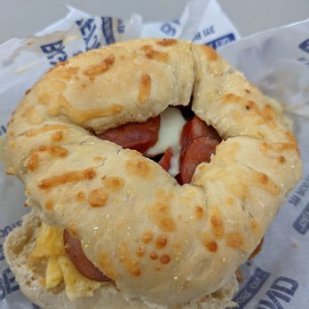 Bagels & Beyond - Asiago bagel toasted with egg, cheese and linguisa - Bagels Near Me - West Yarmouth, Massachusetts