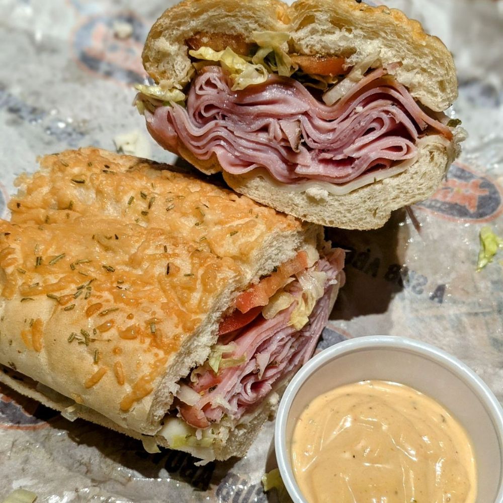 Jersey Mike's Subs - The Super Sub on Rosemary Parmesan bread, Mike's Way add Chipotle Mayo. - Fast Food Near Me - Goleta, California Jersey Mike's Subs - The Super Sub on Rosemary Parmesan bread, Mike's Way add Chipotle Mayo. - Fast Food Near Me - Goleta, California