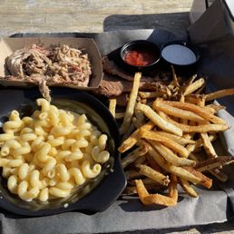 Pulled pork, brisket, fries & mac and cheese.