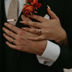 Custom stacking wedding band in Rose gold, with handpicked diamonds.