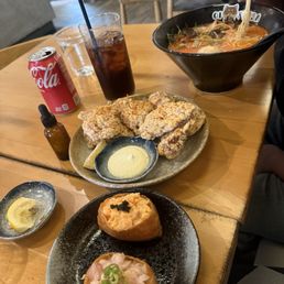 Ramen Red fresh battered Kaarage inaris Left: Hamatchi (yellow tali) Right: salmon 2 Ramen Red fresh battered Kaarage inaris Left: Hamatchi (yellow tali) Right: salmon 2