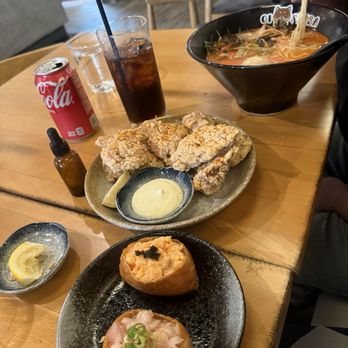 Oi Shiba - Ramen Red fresh battered Kaarage inaris Left: Hamatchi (yellow tali) Right: salmon 2 - Ramen Near Me - San Diego, California Oi Shiba - Ramen Red fresh battered Kaarage inaris Left: Hamatchi (yellow tali) Right: salmon 2 - Ramen Near Me - San Diego, California