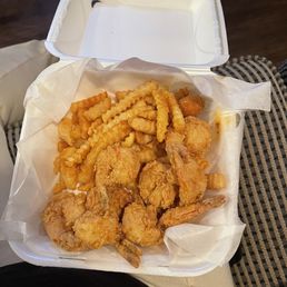 FRIED SHRIMP (10 Piece) with fries ave hush puppies FRIED SHRIMP (10 Piece) with fries ave hush puppies