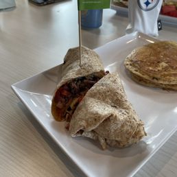 BBQ Bison cheesesteak and a side of protein pancakes BBQ Bison cheesesteak and a side of protein pancakes