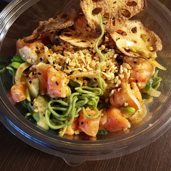 Pokeworks - Double salmon poke bowl with kale noodles and lotus chips - Salad Near Me - Omaha, Nebraska