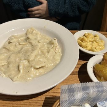 Cracker Barrel Old Country Store - Chicken n' dumplings with side of Mac and Cheese and Fried Cinnamon Apples - Southern Near Me - Bloomsburg, Pennsylvania Cracker Barrel Old Country Store - Chicken n' dumplings with side of Mac and Cheese and Fried Cinnamon Apples - Southern Near Me - Bloomsburg, Pennsylvania