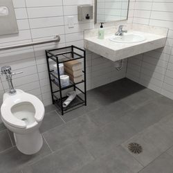 Eckler Cleaning Services - Sanitized restroom with spotless fixtures and mirrors demonstrating professional commercial cleaning standards.