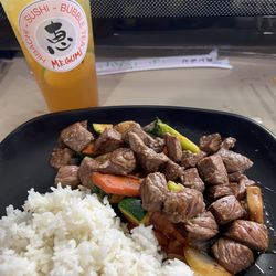 Megumi Hibachi Express, Sushi and Bubble Tea - Steak hibachi and passion fruit teas