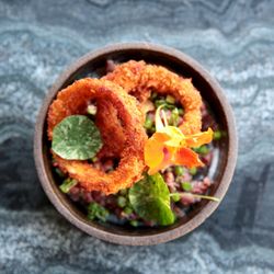 Electric Owl - Beef filet tartare, horseradish cream, brined asparagus, onion rings, nasturtium