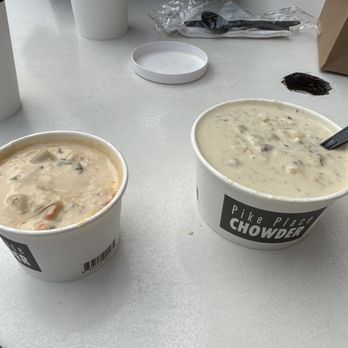 Pike Place Chowder - Market Chowder on left; New England Clam Chowder on right - Seafood Near Me - Seattle, Washington Pike Place Chowder - Market Chowder on left; New England Clam Chowder on right - Seafood Near Me - Seattle, Washington