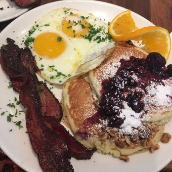 Plums Cafe - Oregon trail plus $2.50 for hazelnut pancakes plus $2.50 extra bacon - Breakfast & Brunch Near Me - Costa Mesa, California