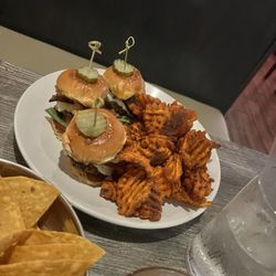 The Borough - Prime rib bacon burger sliders with sweet potato waffle fries