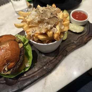Wally's - Wally Burger with truffle fries - New American Near Me - Beverly Hills, California