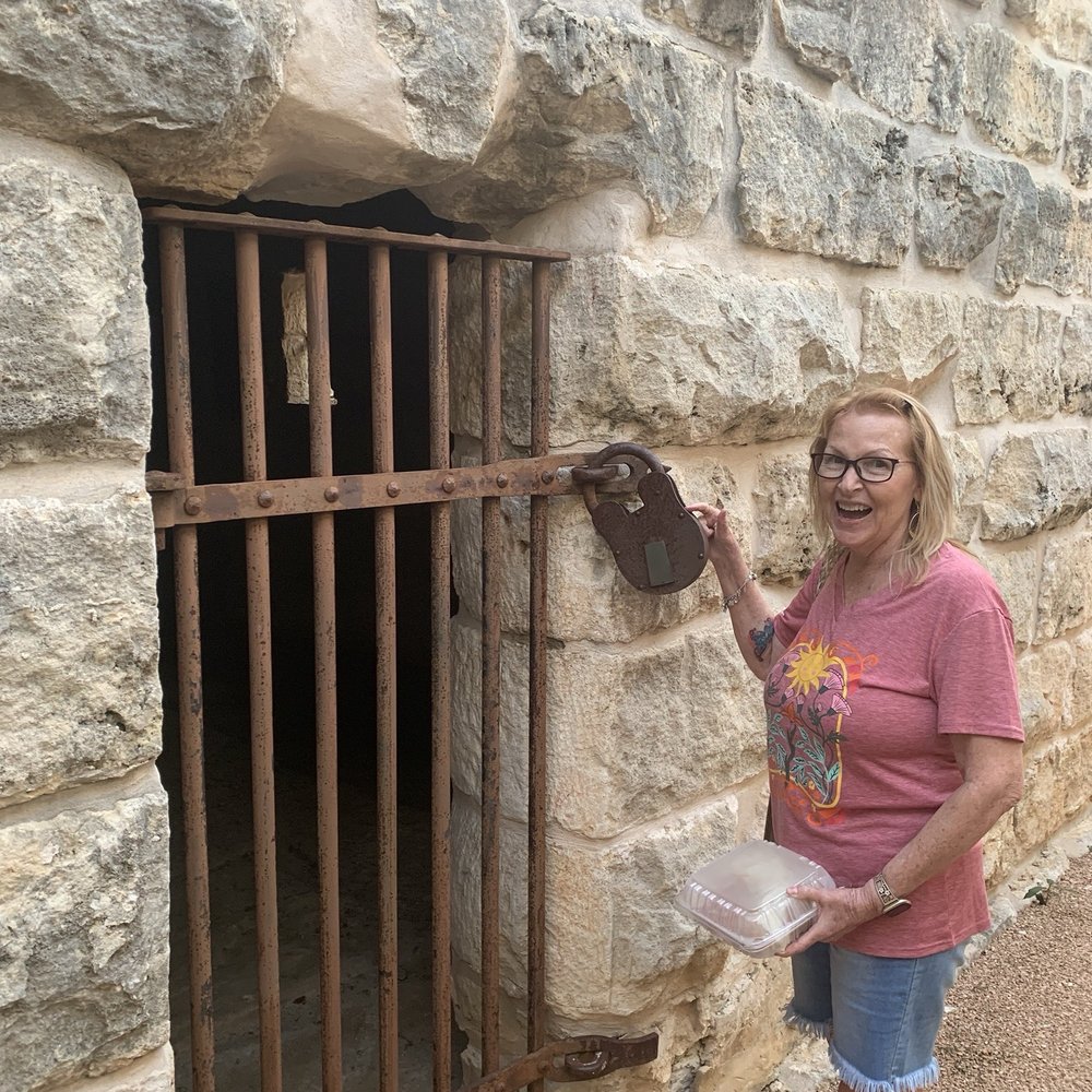 Uptown Blanco Restaurant - Blanco's original jail. Look how big the lock is! - American Near Me - Blanco, Texas