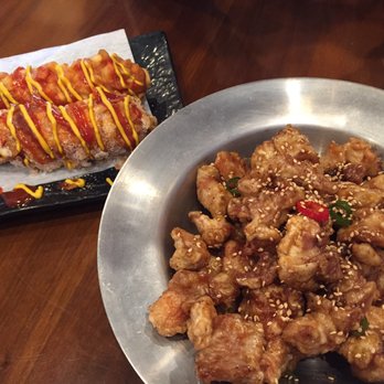 The Basac - two corndogs with small spicy chicken - Korean Near Me - Flushing, New York