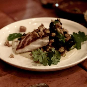 Oleana Restaurant - Striped sea bass, Black Eyed Pea Salad, Hawaij Tarator, Cashew Crumb - Turkish Near Me - Cambridge, Massachusetts Oleana Restaurant - Striped sea bass, Black Eyed Pea Salad, Hawaij Tarator, Cashew Crumb - Turkish Near Me - Cambridge, Massachusetts