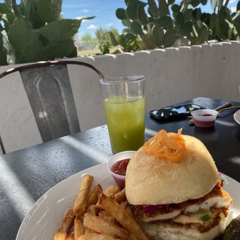 The Water Stop - Spicy Chicken Sandwich with fries. - American Near Me - Marfa, Texas The Water Stop - Spicy Chicken Sandwich with fries. - American Near Me - Marfa, Texas
