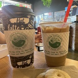 Coffee Latitudes Roasting - Large drip and a medium iced latte. Two complimentary cookies to go with our coffees while we waited for breakfast