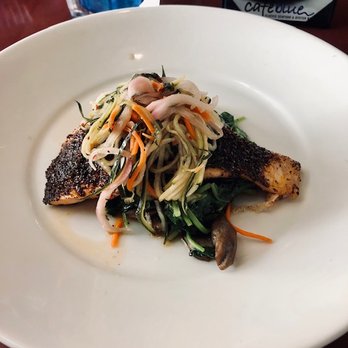 Cafe Blue - Cedar Plank Salmon with sauteed mushrooms and spinach and a mint/cucumber slaw - Seafood Near Me - Bee Cave, Texas Cafe Blue - Cedar Plank Salmon with sauteed mushrooms and spinach and a mint/cucumber slaw - Seafood Near Me - Bee Cave, Texas