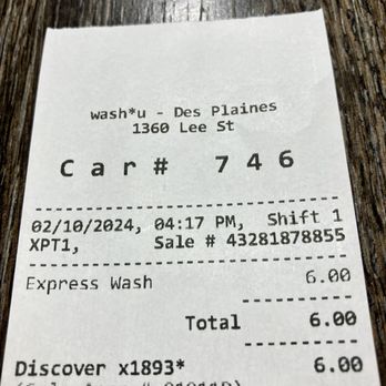WashU Car Wash - Receipt - Car Wash Near Me - Des Plaines, Illinois