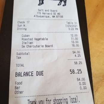 Salt and Board - Dat Bill for dat  lunch! - Gastropubs Near Me - Albuquerque, New Mexico