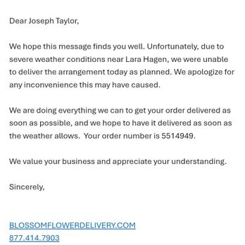 Blossom Flowers - Email stating extreme weather excuse - Florists Near Me - Anaheim, California