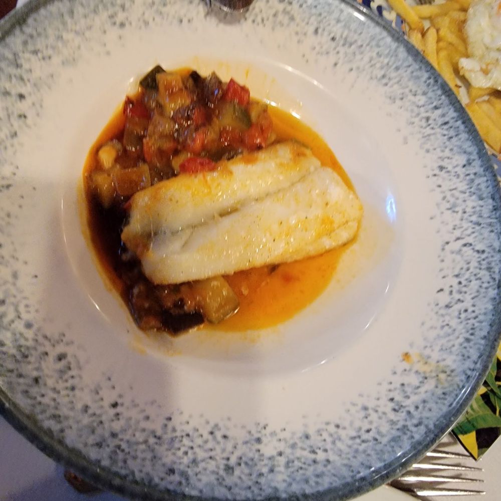 Racó de la Vila - cod samfaina (diced eggplant and zucchini) - Spanish Near Me - Barcelona, B Racó de la Vila - cod samfaina (diced eggplant and zucchini) - Spanish Near Me - Barcelona, B