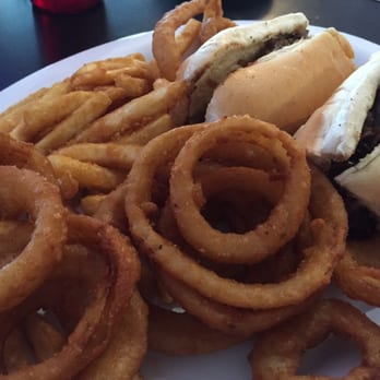 Nelson's Diner - Mountain o' onion rings/French fries. And a philly - Diners Near Me - Pompano Beach, Florida