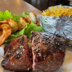 Bull Creek Cafe & Grill - Sirloin steak, baked potatoes, grilled shrimp.